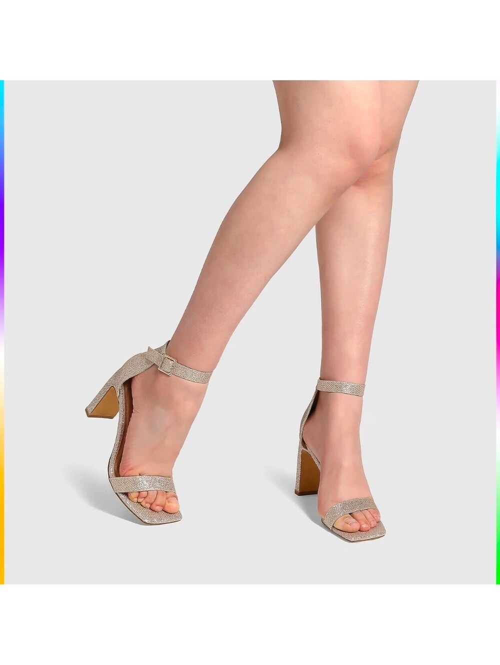 My Soft Elegant Gold Ankle Strap Block Heel Sandals with Square Toe Sz 8